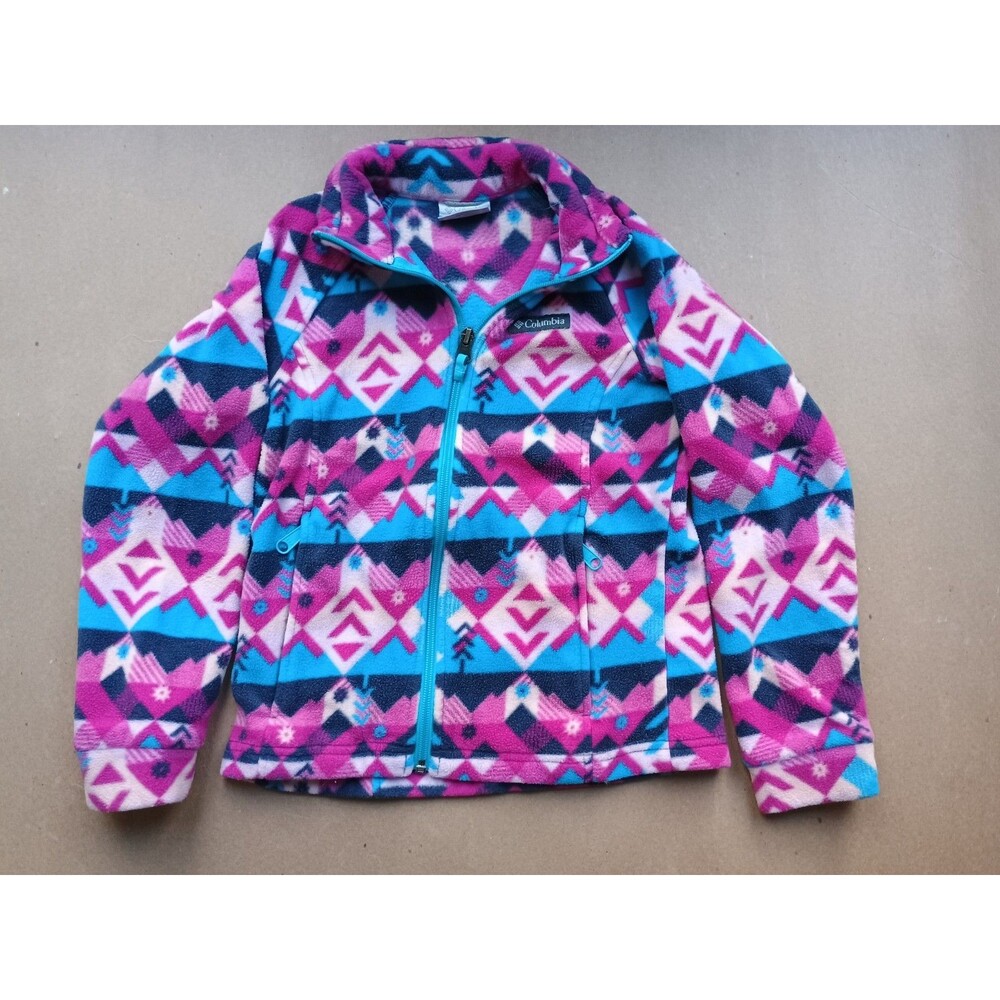 Columbia Girls' Full Zip Fleece Jacket Size S  (7/8) Pink & Purple Geometric